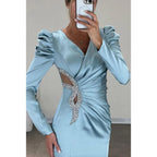 Simple Casual Long Sleeves Slit V-Neck Rhinestones Party Prom Dress