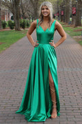 A-line Satin V-neck Prom Dress with Slit
