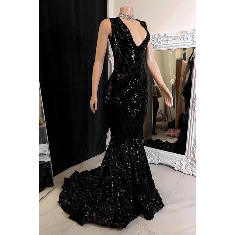 Sexy V-neck Sequins Appliques Mermaid Prom Dress Black Girl for Slay