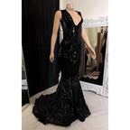 Sexy V-neck Sequins Appliques Mermaid Prom Dress Black Girl for Slay