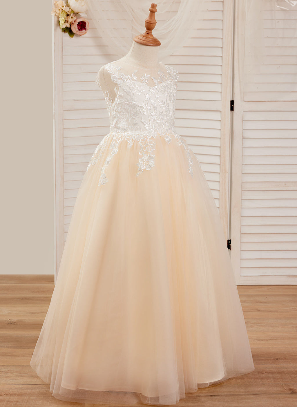 A-line Lace Tulle Floor-length Pink Dress (010226589)