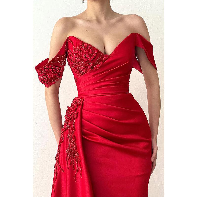 Sheath Off Shoulder Beaded Red Satin Long Prom Dress Evening Gown