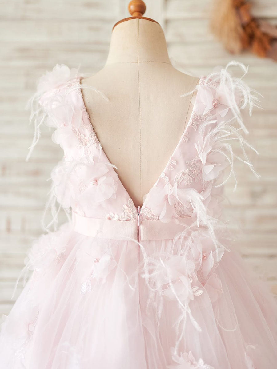 Ball-Gown/Princess Lace Tulle Tea-length Flower Girl Dress