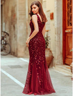 Mermaid / Trumpet Sparkle Sexy Prom Formal Evening Valentine's Day Dress V Neck V Back Sleeveless Floor Length Tulle with Sequin Appliques