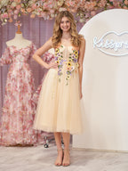 Flower Tulle Tea Length Prom Dresses