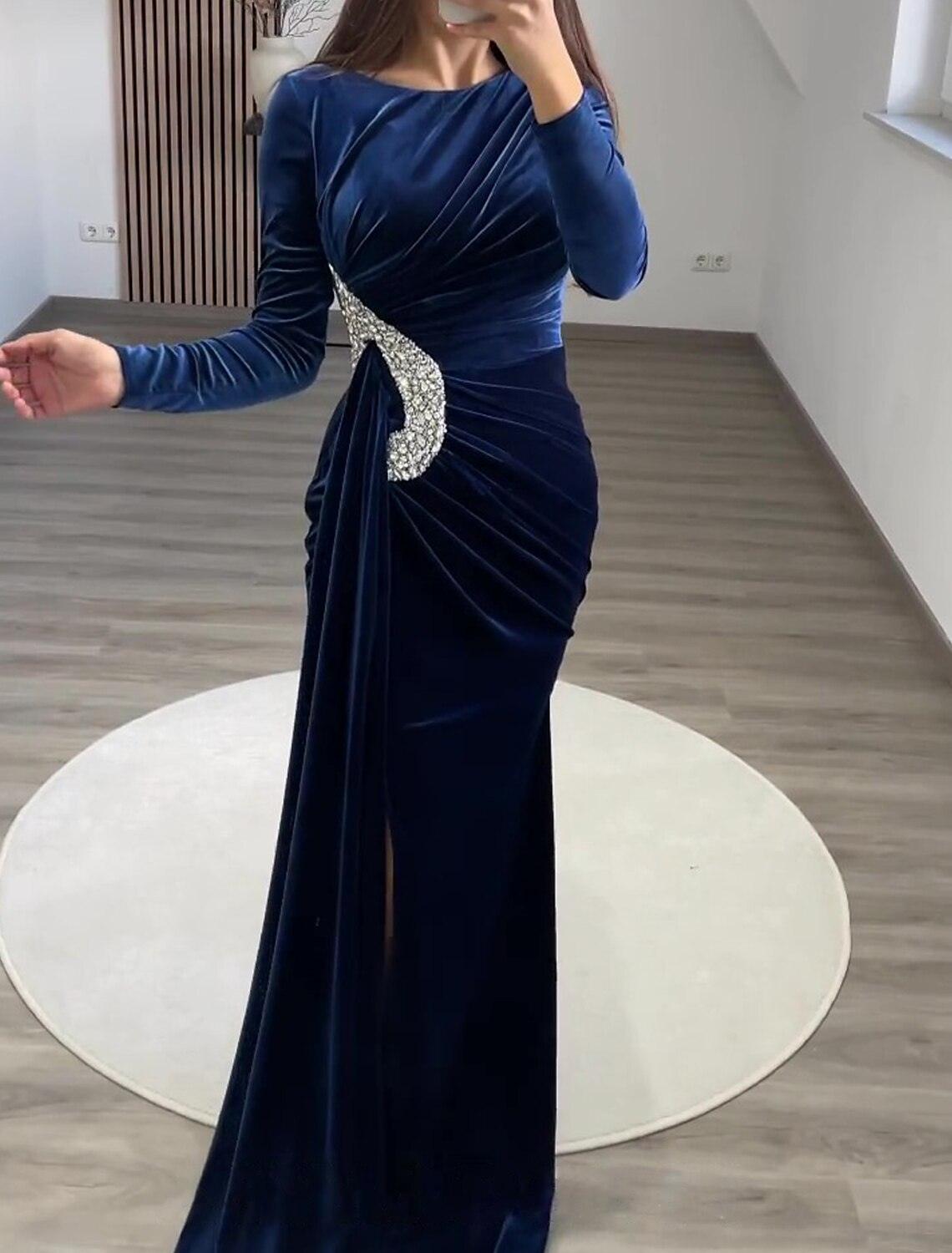 Sheath Evening Gown Vintage Black Dress Plus Size Formal Velvet Christmas Red Green Dress Floor Length Long Sleeve Off Shoulder Fall Wedding Reception with Rhinestone Slit