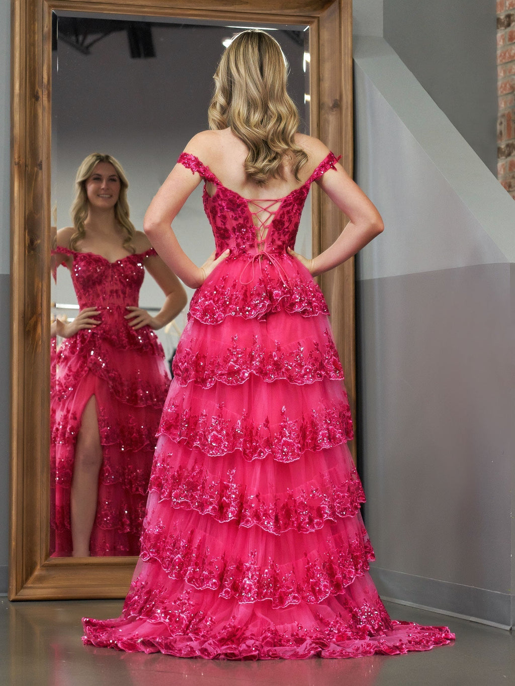 A Line Off the Shoulder Corset Prom Dress with Lace Ruffles