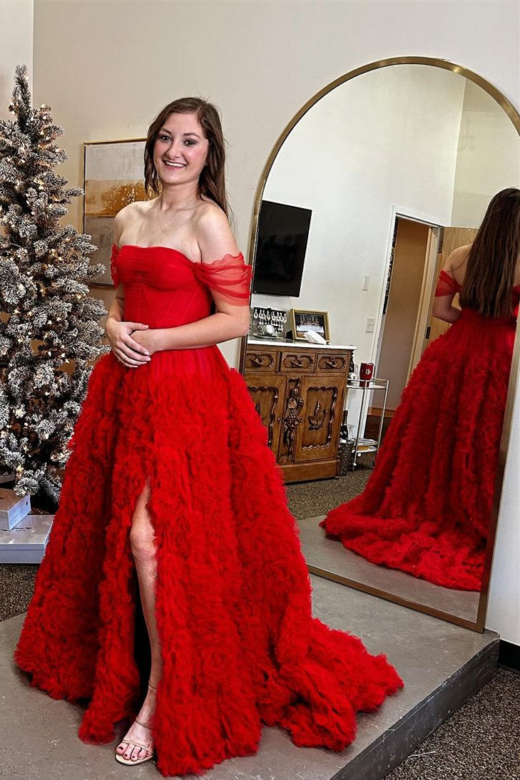 A Line Off the Shoulder Ruffled Tulle Prom Dress with Slit