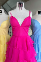 V-Neck Straps Ruffle Chiffon Prom Dress with Slit