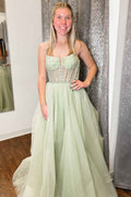 Straps Sequin Beaded A-Line Tulle Prom Dress