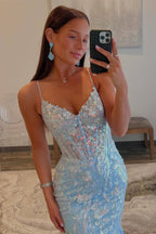 Straps Light Blue V-Neck Sequin Appliques Mermaid Prom Dress