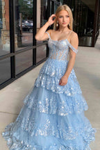 Tulle Sequin Cold-Shoulder Ruffle Tiered Long Prom Dress