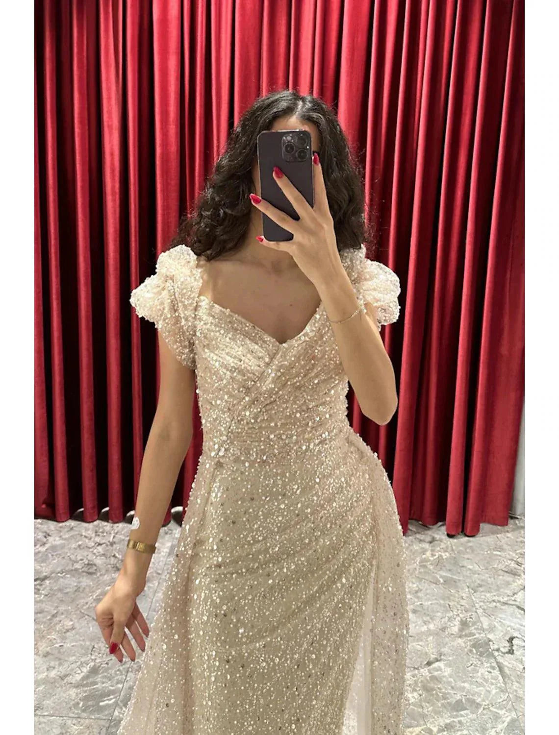 Sheath / Column Evening Gown Sparkle & Shine Dress Formal Fall Sweep / Brush Train Short Sleeve V Neck Sequined with Glitter Ruched