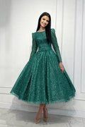 Glamorous Dark Green A-line Sequined Ankle Length Prom Dress with Long Sleeves