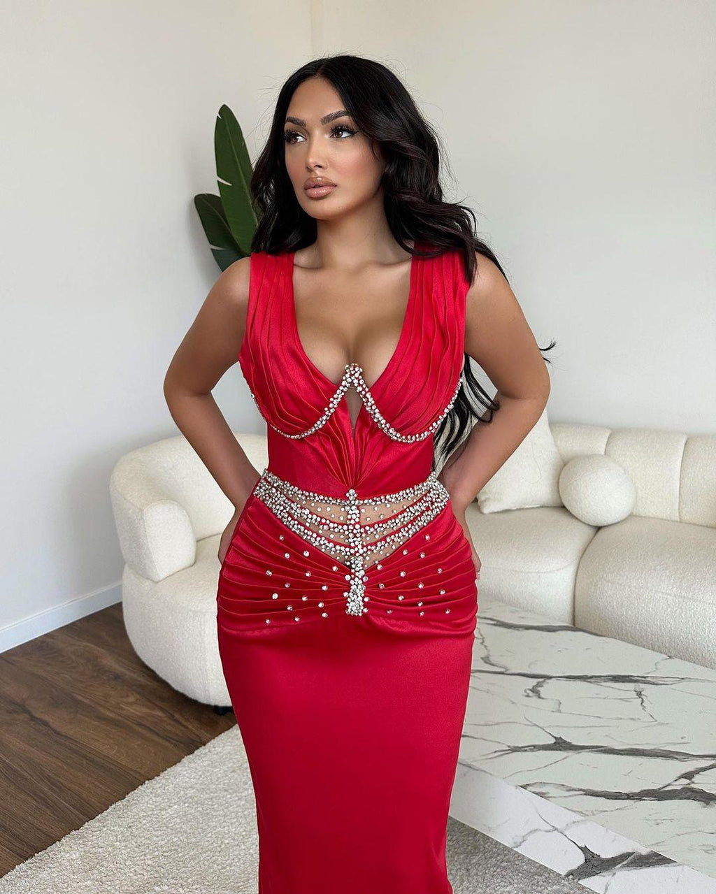 Glamorous Long Mermaid V-neck Rhinestones Sleeveless Prom Dress
