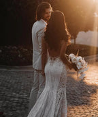 Glamorous Long Mermaid V-neck Wide Straps Appliques Lace Open Back Wedding Dress