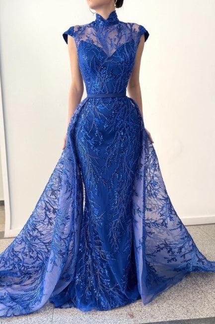 Glamorous Long Royal Blue High Neck Lace Sleeveless Prom Dress With Detachable Train