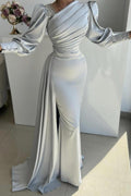 Glamorous Long Silver Mermaid Satin Pleated Long Sleeves Prom Dress with Side Slit