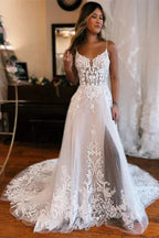 Glamorous Long  A-line Spaghetti Straps Lace Sleeveless Wedding dresses With Slit