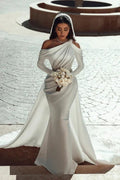 Glamorous one shoulder long sleeves mermaid satin Wedding dress with ruffles