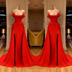 Glamorous Red Long Prom Dress With Split On Sale Off-the-Shoulder