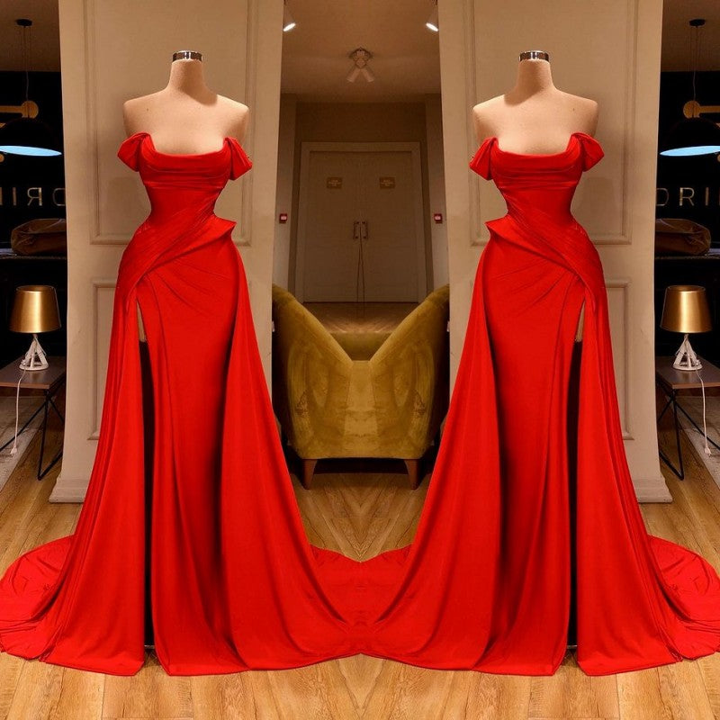 Glamorous Red Long Prom Dress With Split On Sale Off-the-Shoulder