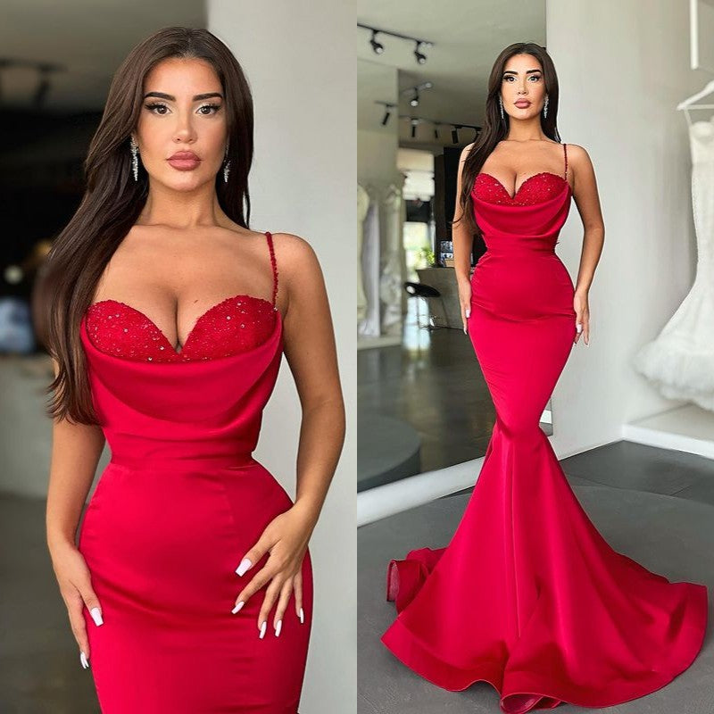 Glamorous Red Mermaid Prom Dress Long On Sale Spaghetti-Straps