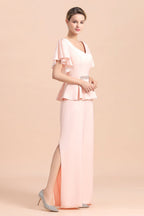 Glamorous V-Neck Front Slit Mother of Bride Dresses with Beadings Sash