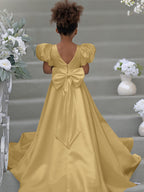 Puff Sleeve Bow Button Back Sweep Train Flower Girl Dress