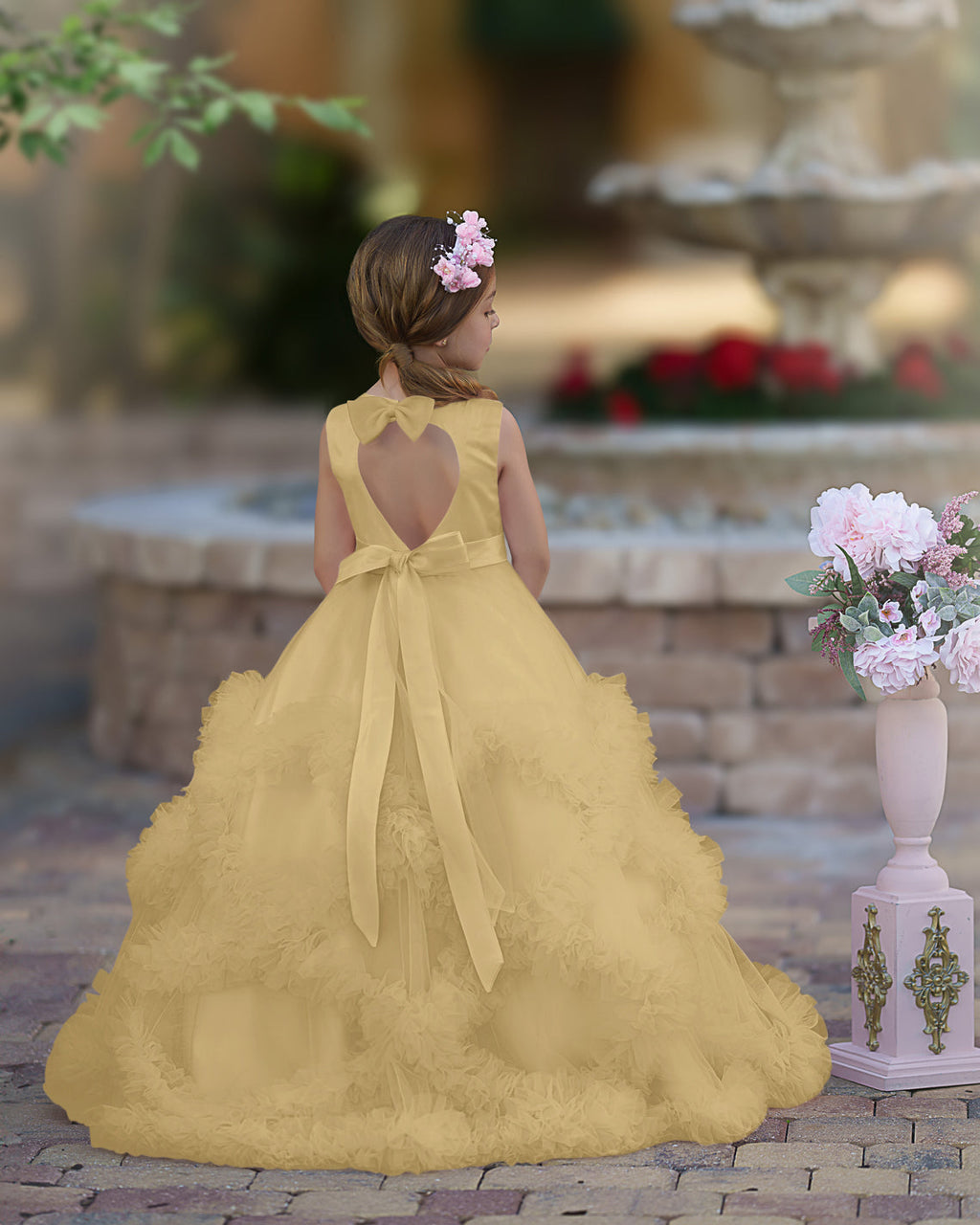 A-line Satin Tulle Floor-length Cascading Ruffles Flower Girl Dress