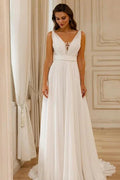 Gorgeous A-Line Chiffon Lace V-Neck Sleeveless Wedding Dresses With Openback