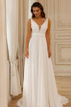 Gorgeous A-Line Chiffon Lace V-Neck Sleeveless Wedding Dresses With Openback
