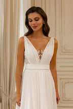 Gorgeous A-Line Chiffon Lace V-Neck Sleeveless Wedding Dresses With Openback