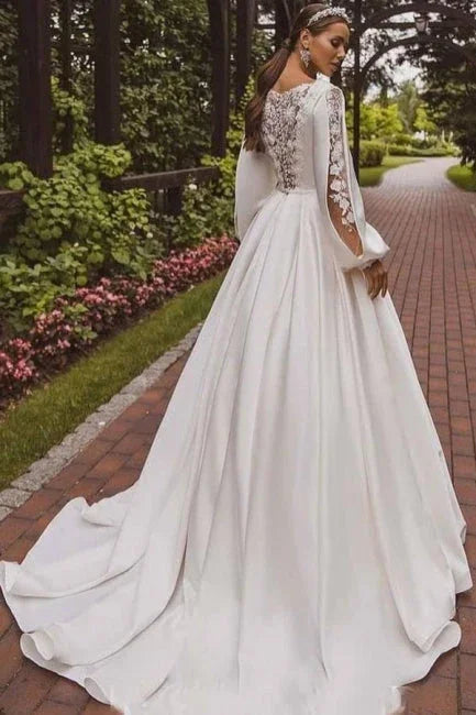 Gorgeous A-Line Satin Long Sleeve Wedding Dress With Appliques