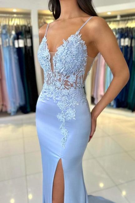 Gorgeous Column Satin Spaghetti Straps Sleeveless Prom Dress With Appliques Split