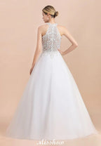 Gorgeous Halter Rhinstones Wedding DressTulle Lace Appliques Aline Bridal Gown