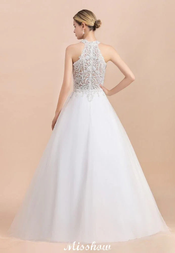 Gorgeous Halter Rhinstones Wedding DressTulle Lace Appliques Aline Bridal Gown