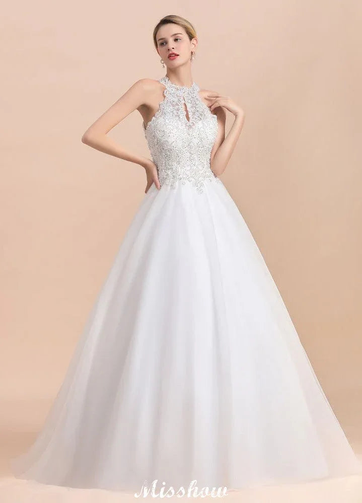 Gorgeous Halter Rhinstones Wedding DressTulle Lace Appliques Aline Bridal Gown