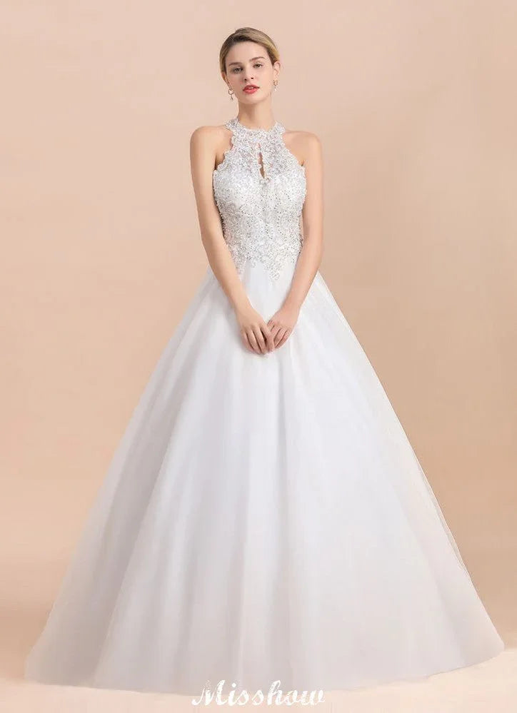 Gorgeous Halter Rhinstones Wedding DressTulle Lace Appliques Aline Bridal Gown
