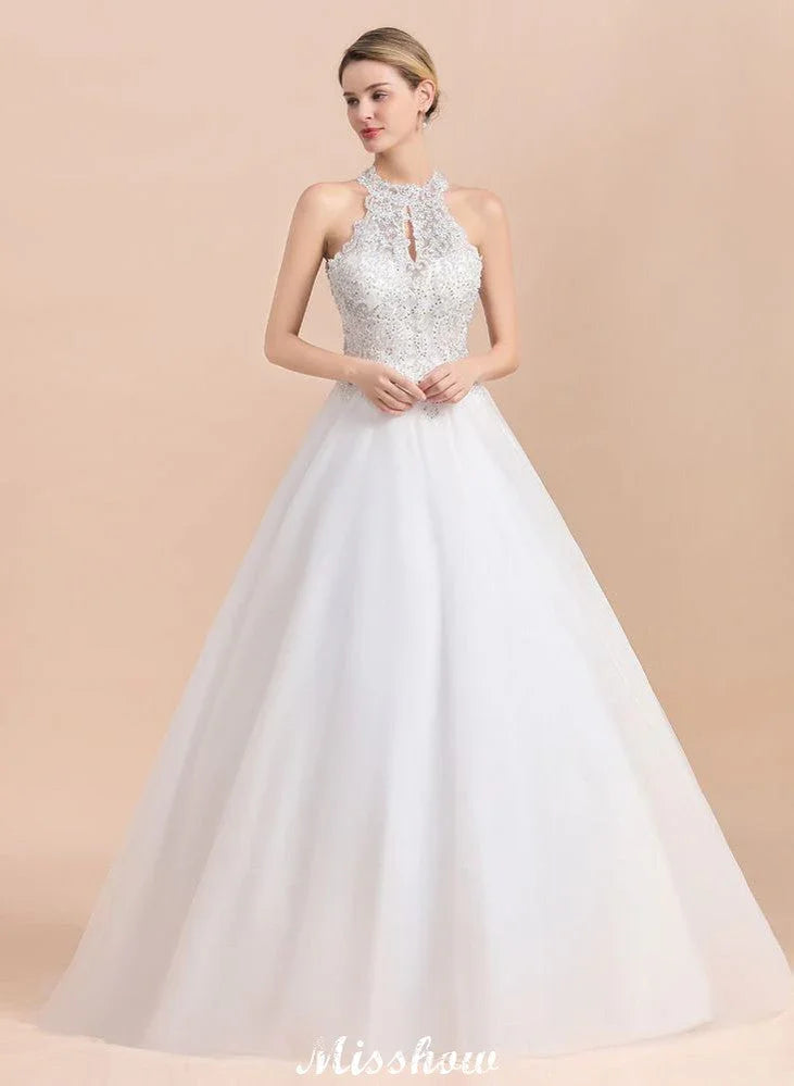Gorgeous Halter Rhinstones Wedding DressTulle Lace Appliques Aline Bridal Gown