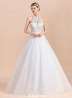 Gorgeous Halter Rhinstones Wedding DressTulle Lace Appliques Aline Bridal Gown