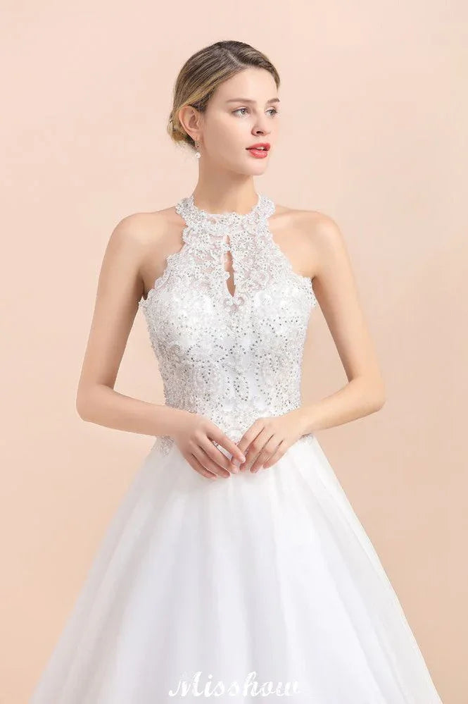Gorgeous Halter Rhinstones Wedding DressTulle Lace Appliques Aline Bridal Gown
