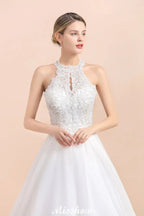 Gorgeous Halter Rhinstones Wedding DressTulle Lace Appliques Aline Bridal Gown