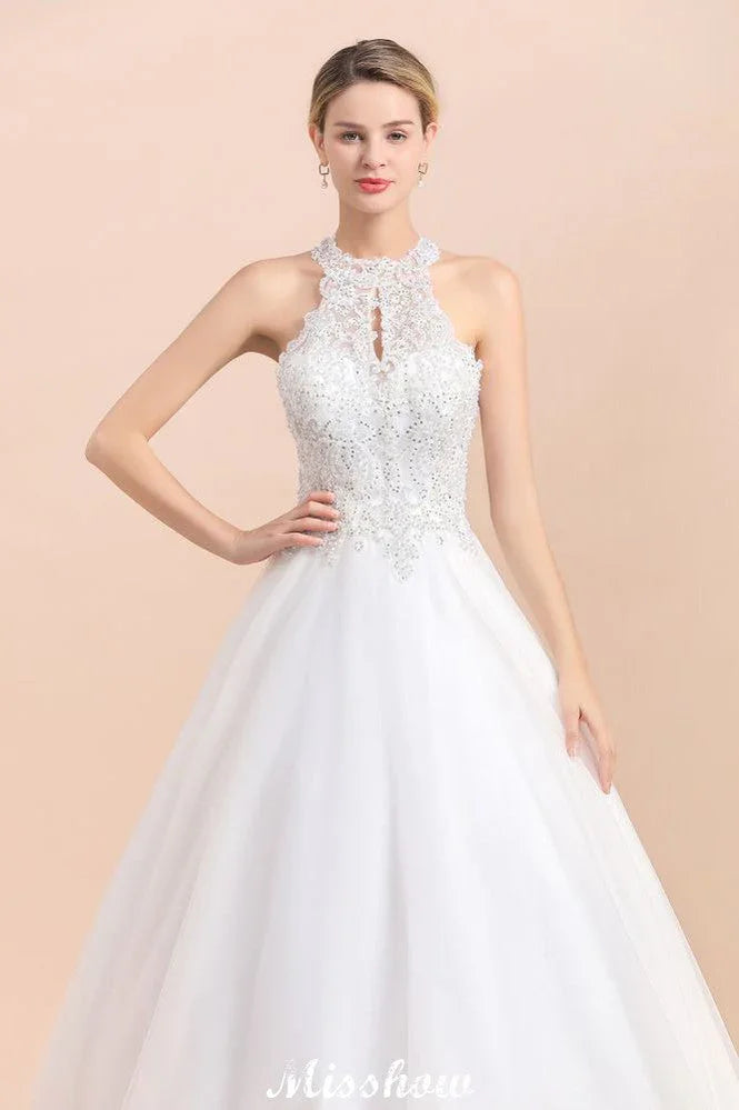 Gorgeous Halter Rhinstones Wedding DressTulle Lace Appliques Aline Bridal Gown