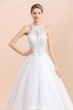 Gorgeous Halter Rhinstones Wedding DressTulle Lace Appliques Aline Bridal Gown