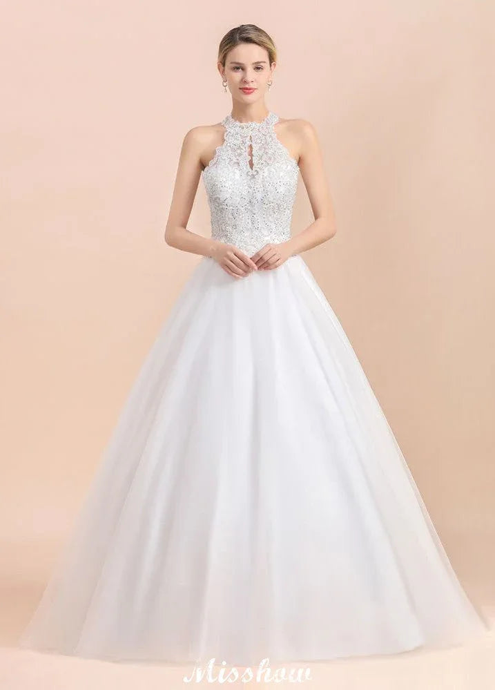 Gorgeous Halter Rhinstones Wedding DressTulle Lace Appliques Aline Bridal Gown