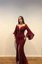 Gorgeous Long Burgundy Sequined Split Front Prom Dress With Long Sleeves