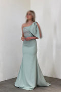 Gorgeous Long Mermaid One Shoulder Satin Rhinestones Sleeveless Prom Dress