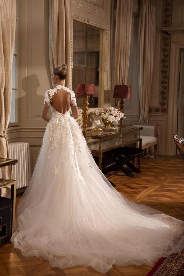 Gorgeous Long Sleeves A-line Jewel Tulle Lace Backless Wedding Dresses with Slit