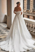 Gorgeous Off-the-shoulder Lace Tulle Appliques A-line Wedding Dress